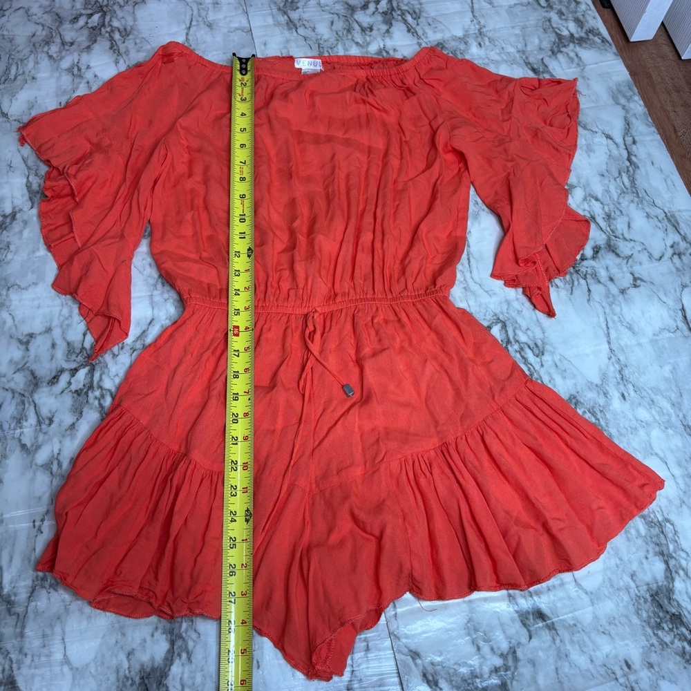 VENUS Y2K 2000s orange drawstring romper swimsuit coverup small ruffle sleeve - Picture 8 of 9